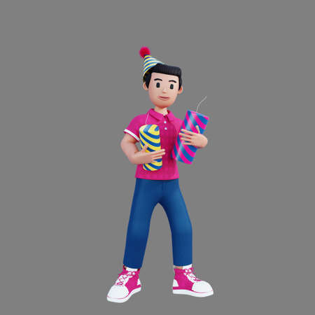 3d character celebrating a new year holding crackerの写真素材