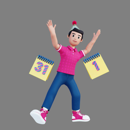 3d character celebrating new year transition date