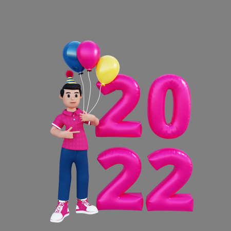 3d character holding balloon beside 2022 new year balloonの写真素材