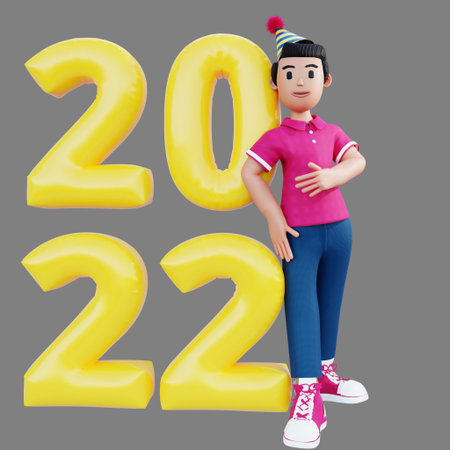 3d character beside 2022 balloon