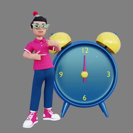 3d character holding mask beside new year clockの写真素材
