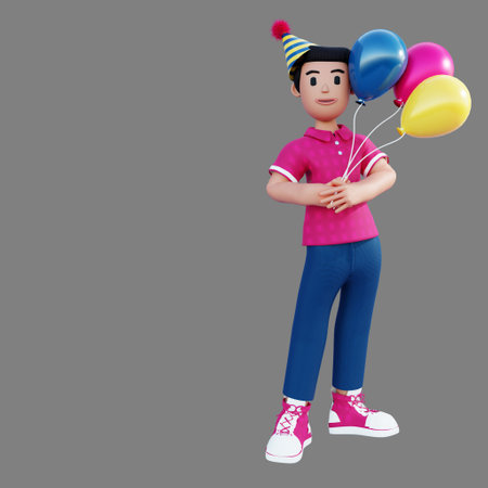 3d character illustration holding balloonの写真素材