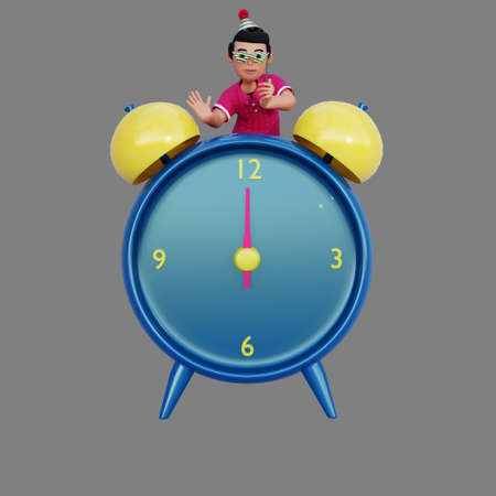 3d character illustration on top of new year clockの写真素材