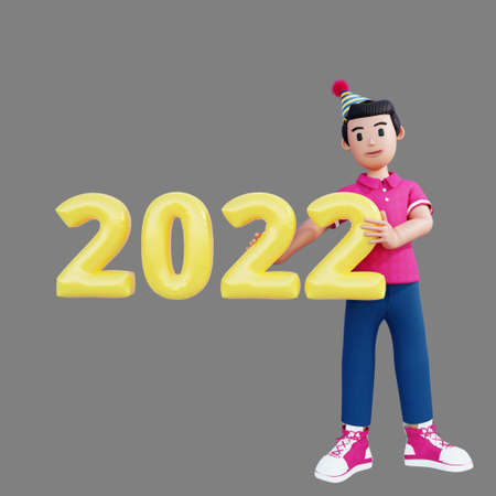 3d character holding 2022 new year balloonの写真素材