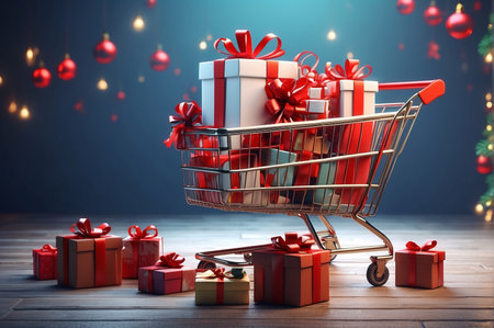 Shopping cart with gift boxes and christmas balls on wooden backgroundの素材