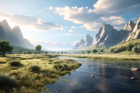 Fantasy landscape with river and mountains. 3d render illustration.の素材
