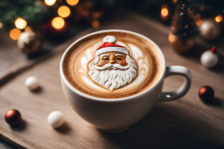 A cup of coffee with a picture of Santa Claus on milk foamの素材
