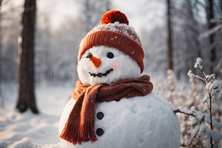 Funny snowman in winter forest. Christmas and New Year concept.の素材