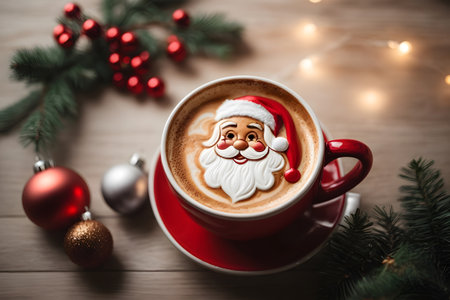 Cup of coffee with a picture of Santa Claus on the wooden backgroundの素材