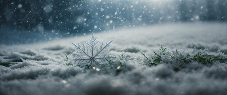 Snowflake on the grass in the winter forest. Christmas background.の素材