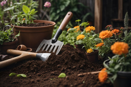 Gardening tools and flower pots on soil. garden conceptの素材