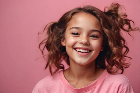 A smiling and happy little girl with wavy hair wears a pink shirt with a pink backgroundの素材