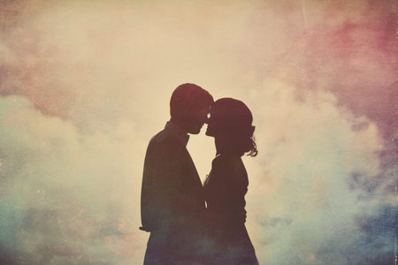 Silhouette of a couple hugging each other among the clouds, ideal scene, valentine's day concept and coupleの写真素材