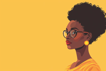 A flat vector illustration of a black woman with afro on a yellow background.の素材