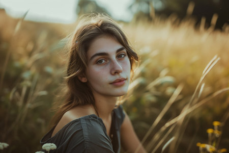 Portrait of peasant girl in cornfield.の素材