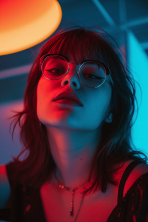 Portrait of a woman with glasses in a blue and red light effect, retro style.の素材