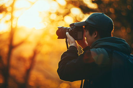 A young man taking nature photos at sunset. Travel photography.の素材