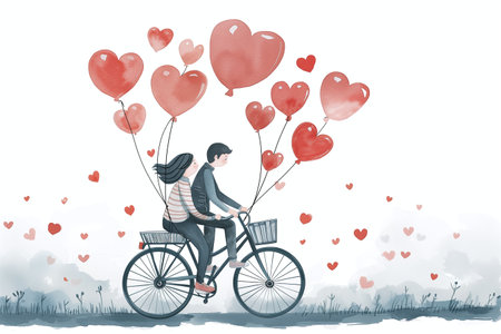A loving couple riding a bike with hearts around them on Valentine's dayの素材