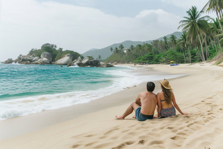 A couple enjoying the Caribbean beaches. Travel in Colombia.の素材