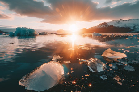 Melting glaciers in Iceland at sunset. Concept of climate change.の素材