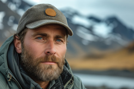 Portrait of a traveler with a cold weather cap on his trip to Iceland. Concept of adventure and people.の素材