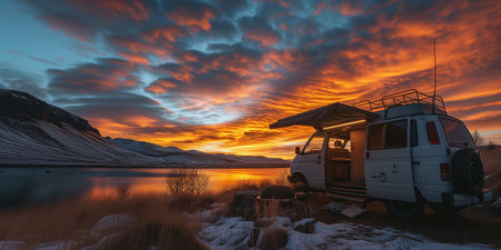 A modern camper van on the shore of a lake on a sunset trip in iceland. camping and travel concept.の素材