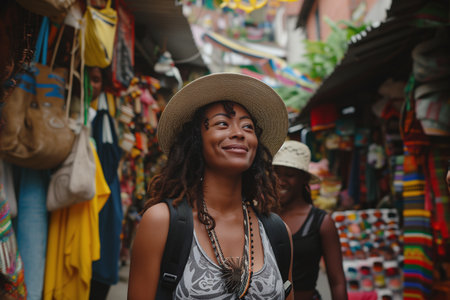 An African-American girl in a traditional Latin market. travel concept.の素材