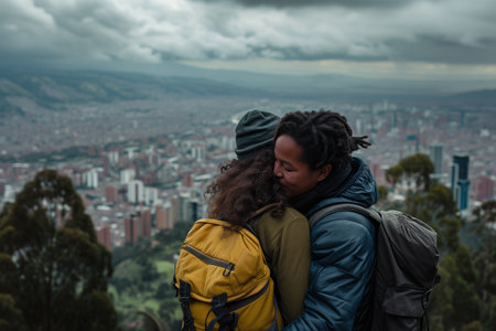 A couple of friends hugging with the city behind them. concept of friendship.の素材