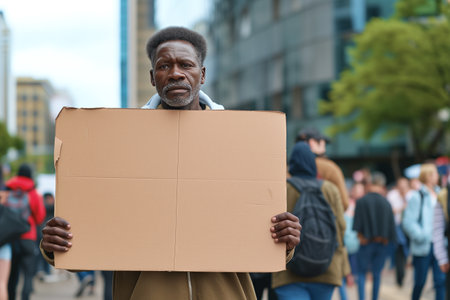 Older African American man holding a piece of cardboard without text. Protest concept.の素材
