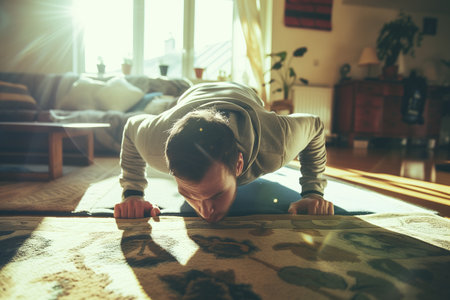A man doing push-ups in his living room. training concept.の素材