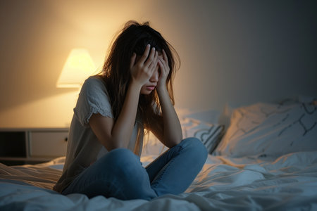 Stressed girl sitting on her bed with headacheの素材