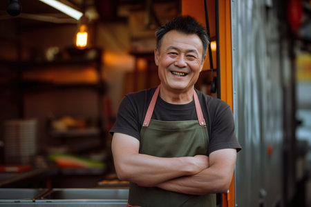 A Chinese man smiling while working in his mobile restaurant.の素材