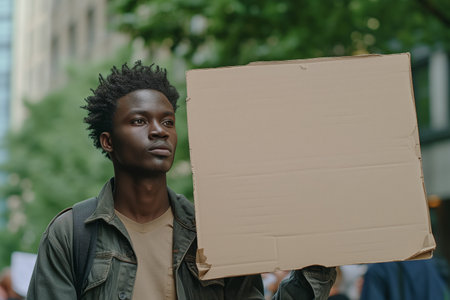 A young African-American student with a piece of cardboard at a protest.の素材
