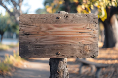Mockup, a classic wooden sign in a park at sunset. with space for text.の素材