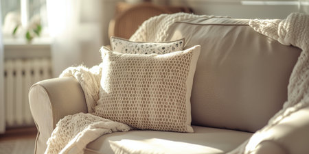 A white cushion on a sofa next to the window with afternoon light. home concept.の素材