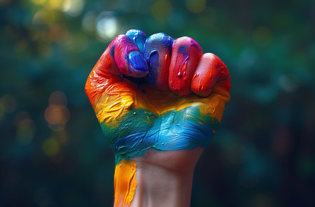A woman's raised fist painted in the colors of the LGBT flag.の素材