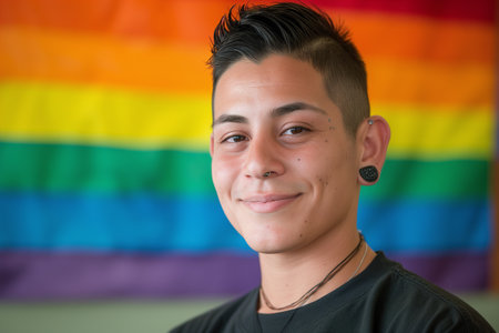 A non-binary girl celebrating pride day with a rainbow flag behind her.の素材