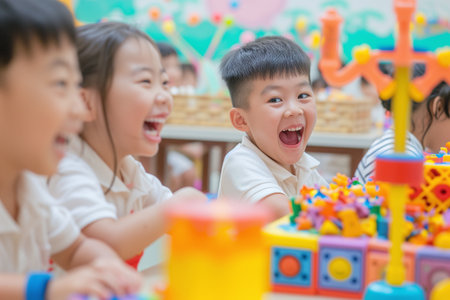 An asian boy screaming and playing with his friends in the classroom. concept of childhood.の素材