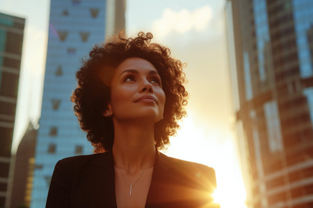 Portrait of a black businesswoman at sunset with buildings in the background.の素材