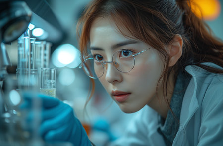 Dedicated Female Scientist Conducting Cutting-Edge Research in the Laboratory for Advancements in Medicine and Chemistryの素材