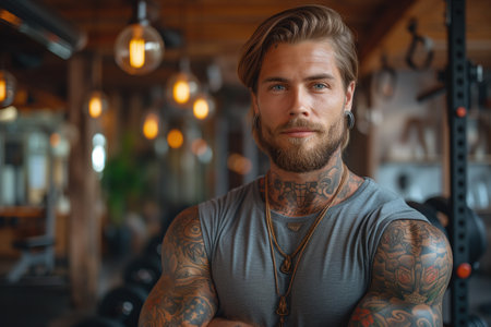Stylish Tattooed Man: Handsome Adult with Beard Showcasing a Trendy and Attractive Lifestyleの素材