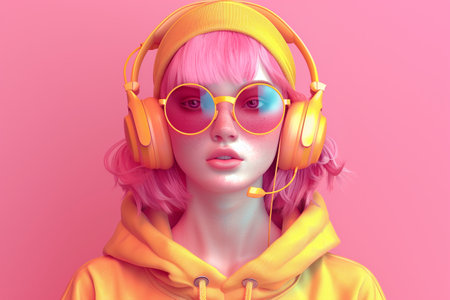 Music and Style: Portrait of a Young Trendy Woman in Yellowの素材