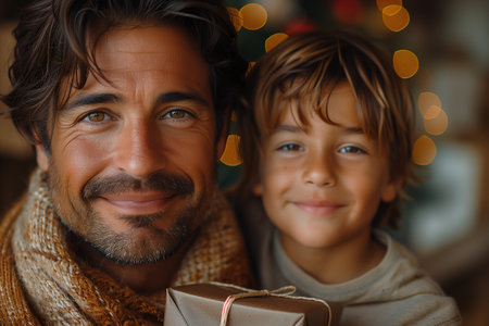 Festive Family Moments: Father and Child Celebrate Christmas with Giftsの素材