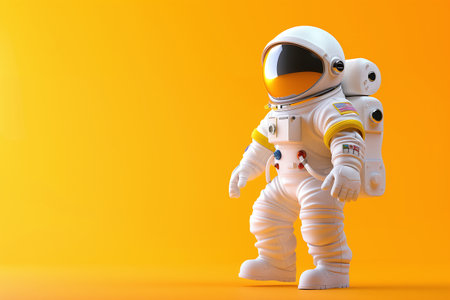 a 3d illustration of an astronaut on a yellow studio backgroundの素材
