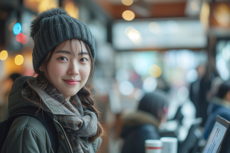Teenage Journey: Positive Student Walking with Warmth and Joy, Sporting a Stylish Hat and a Bright Smileの素材
