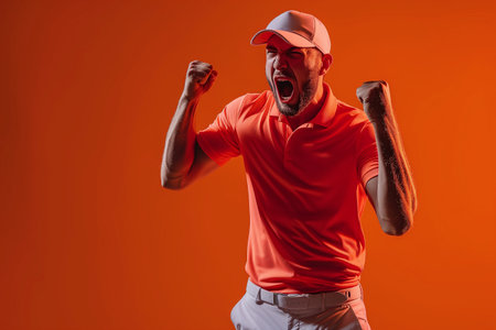 A man shouting euphorically for his favorite sports team on an orange backgroundの素材
