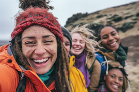 Carefree Summer Days: Friends Capturing Joyful Moments in a Group Selfieの素材