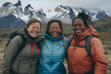 Vacation Adventure: Women Embrace the Joy of Hiking in Snowy Mountainsの素材