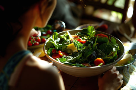 Nutrient-packed Delicacy: Closeup of a Gourmet Vegan Salad with Colorful Ingredientsの素材