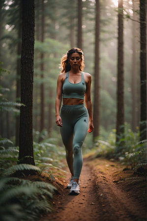 Energetic Run: Athletic Woman Embraces Nature's Trail for a Fitness Marathon Journeyの素材
